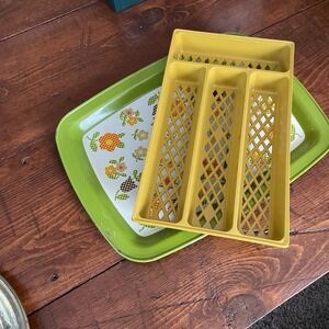 Vintage Green Daisy Floral Metal Tray MCM Boho Retro 15x11 & Yellow Utensil Tray